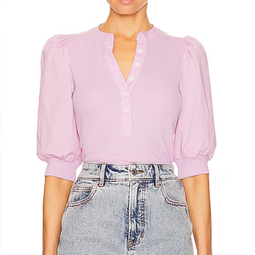 Veronica Beard Coralee Orchid Cotton Short Sleeve Puff Sleeve Top